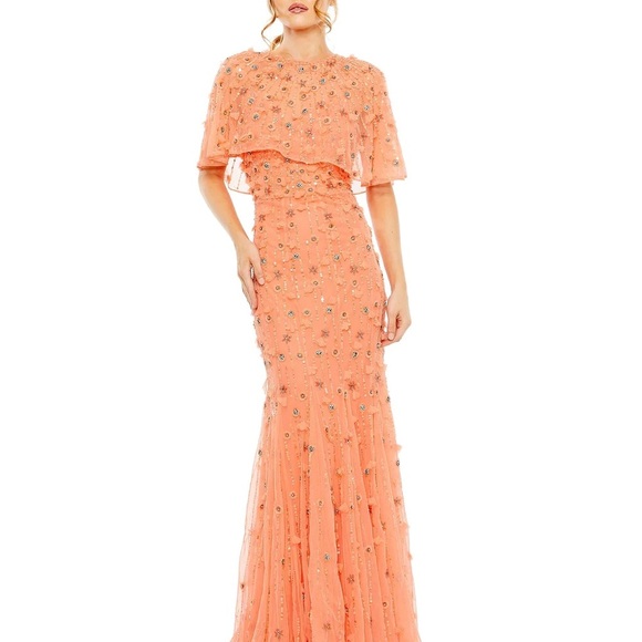 NEW Mac Duggal Beaded Floral Illusion Short Cape Sleeve Sheath Gown Coral 14 - Picture 4 of 9